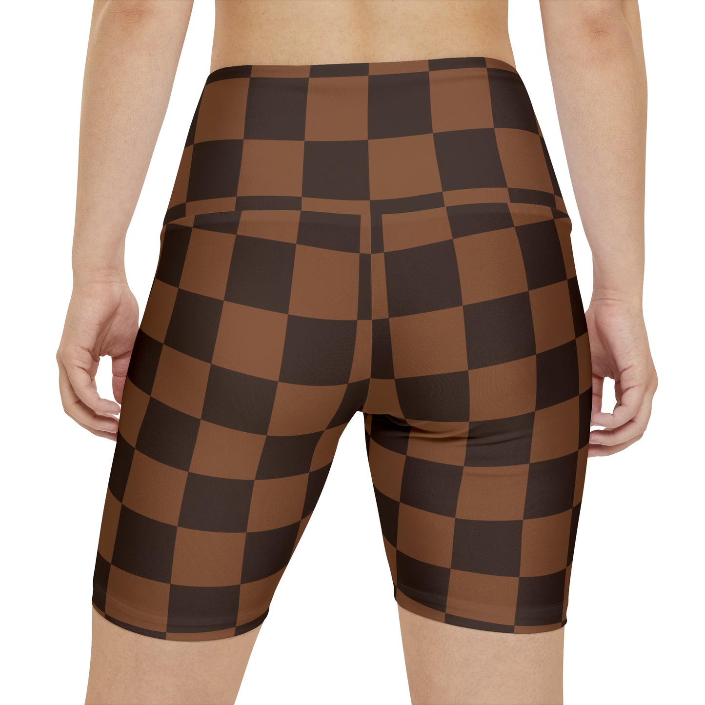 Brown Checkerboard Women's High Waisted Workout Shorts