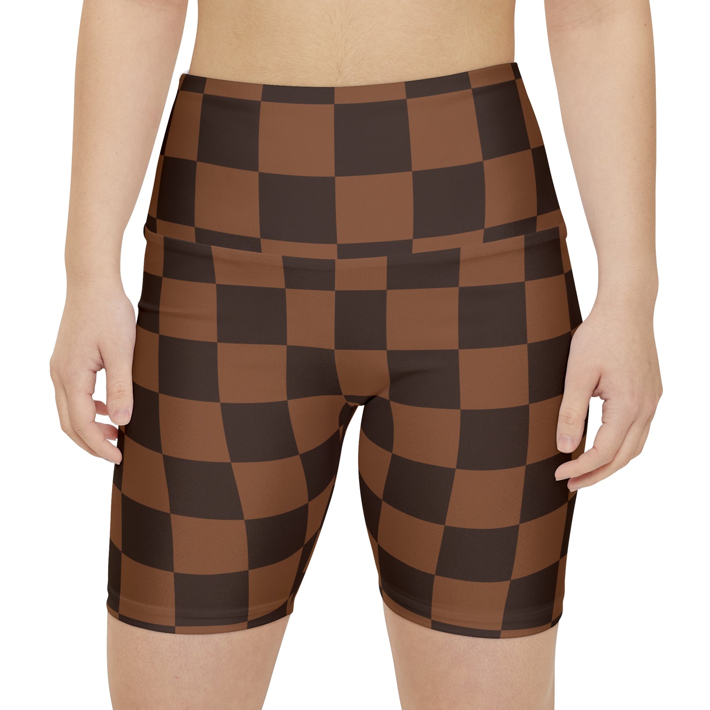 Brown Checkerboard Women's High Waisted Workout Shorts