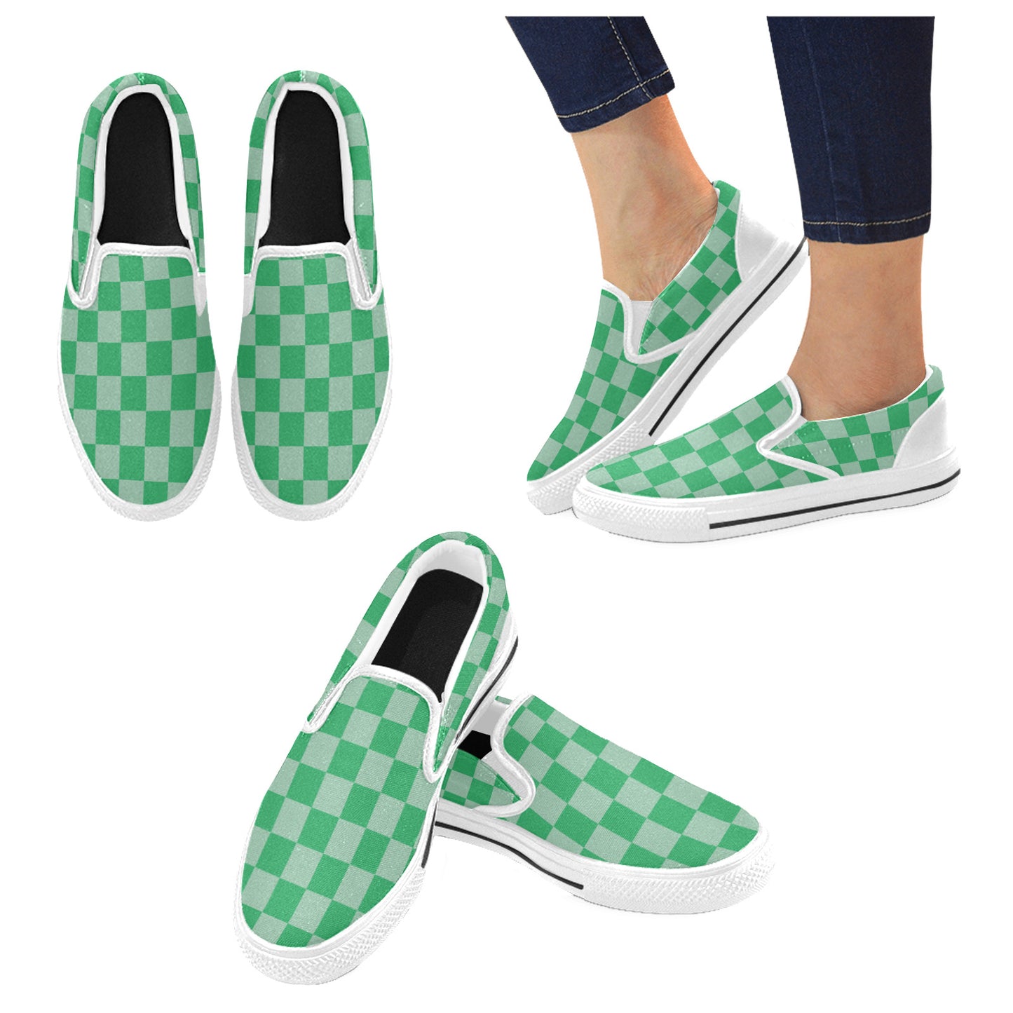 green checkerboard kids slip ons